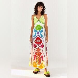 Farm Rio Tropical Euroflax Graphic Rainbow Linen Midi Maxi Dress S Small 2 4 6